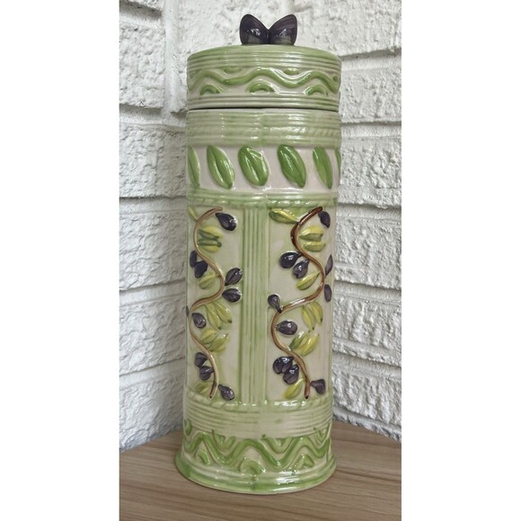 VTG Italian Oval Ceramic Pasta Spaghetti Canister Jar 3-D Olives Tall Lidded - Picture 3 of 12
